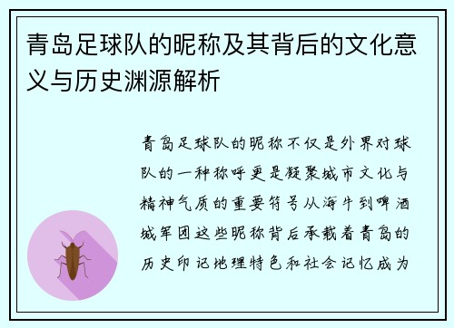 青岛足球队的昵称及其背后的文化意义与历史渊源解析